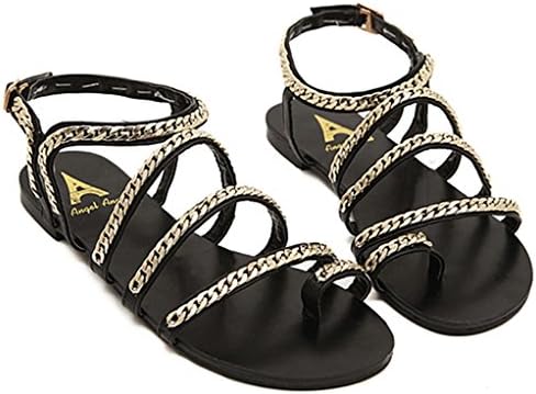 Women Gold Chain Toe Ring Strap Gladiator Flat Sandals Summer Sandals US 6.5 Black