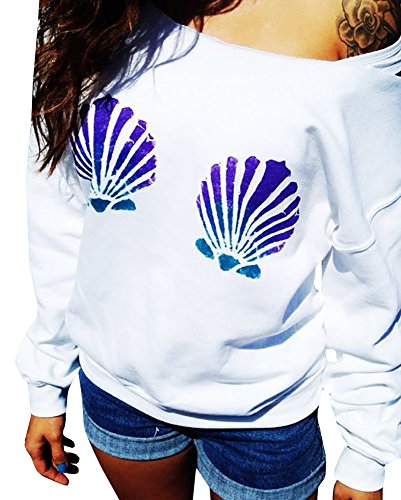 Ybenlow Women's Long Sleeve Chic Seashells Slouchy Pullover Sweatshirt Tops,White,Large