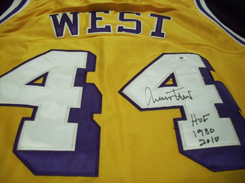 GAI Authentic Jerry West Autograph Throwback Gold Los Angeles Lakers Jersey w/ HOF Inscription