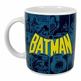 Official Batman logo mug with faded comic strip background