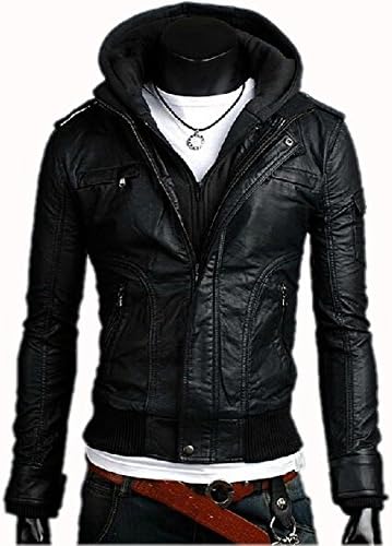 Nicoleshop Men's Faux-leather Hooded Motorcycle Jacket with Cotton Lining (L, Black)