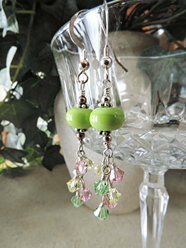 Garden Green Lampwork Glass Crystal Cascade Sterling Silver Earrings in Pink Yellow Floral color mix