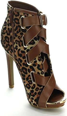 FOREVER MINNA-73 Women's Peep Toe Lace Buckle Up Stiletto Heel Ankle Booties, Color:CAMEL LEOPARD, Size:8