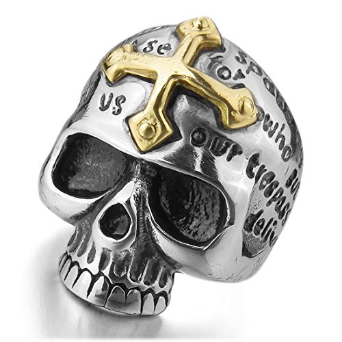 Men's Stainless Steel Ring Silver Tone Black Gold Tone Skull Cross Bible Lords Prayer