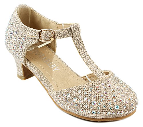 Kids Girls Sparkling Ankle Strap Rhinestone Glitter Formal Dress Low Heel Pumps