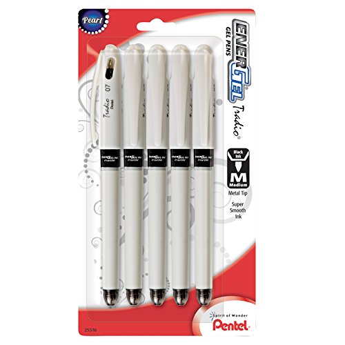 Pentel EnerGel Tradio Pearl Liquid Gel Pen, 0.7mm, Medium Line Capped, Black Ink, 5 Pack (BL117WBP5A)
