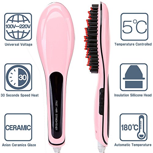 HeyBeauty Tourmaline Ceramic Hair Brush Straightener,Massage Detangling Hair Brush Instant Heating Anti Scald/Anti Static Hair Straightener,LED Display,Silky Straight Styling Iron,Pink
