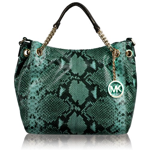 Michael Michael Kors Jet Set Embossed Python Chain Medium Gather Shoulder Tote Aqua