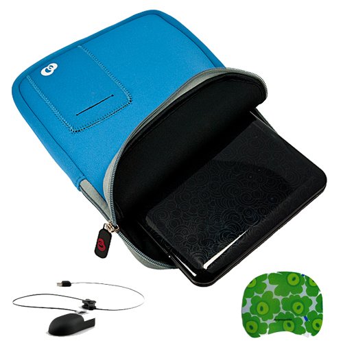 Sky Blue Neoprene Protective Sleeve Cover Carrying Case with Exterior Accessory Pocket for any 10.1 inch Laptop, Netbook, or Portable DVD Player + Naztech USB Mini Mouse with Retractable Cord for Laptop and Desktop + Bestpricecenter Mouse Pad