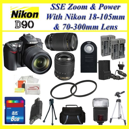 Nikon D90 SLR Digital Camera with Nikon 18-105mm Vr Lens + Nikon 70-300mm Lens + Huge Accessories Package Including 2x Extended Life Batteries + 2x Uv Filters + 8gb Sdhc Memory Card & Much More!!