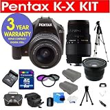 Pentax K-X 12.4 MP Digital SLR Camera with 18-55mm Lens + Sigma 70-300MM Macro Zoom Lens + High Definition .40X Super Wide Fisheye Lens + High Capacity Li-Ion Battery + 8 GB Memory Card + 50 Titanium Anodized Tripod + 6 Piece Accessory Kit + Deluxe Padded Camera Bag + Multi-Coated Glass UV Filter + Multi-Coated Glass Polarizer Filter + Multi-Coated Glass FLD Filter + 3 Year Warranty Repair Contract