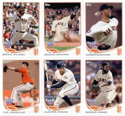 2013 San Francisco Giants Topps Opening Day MLB Baseball Complete Mint 13 Basic Card Team Set; It Was Never Issued in Factory Form. Cards Included Are #104 Tim Lincecum, #1 Buster Posey, #67 Marco Scutaro, #68 Barry Zito, #73 Ryan Vogelsong, #97 Matt Cain, #108 Hunter Pence, #119 Angel Pagan, #129 Sergio Romo, #152 Brian Wilson, #155 Brandon Crawford, #157 Madison Bumgarner and #212 Pablo Sandoval.