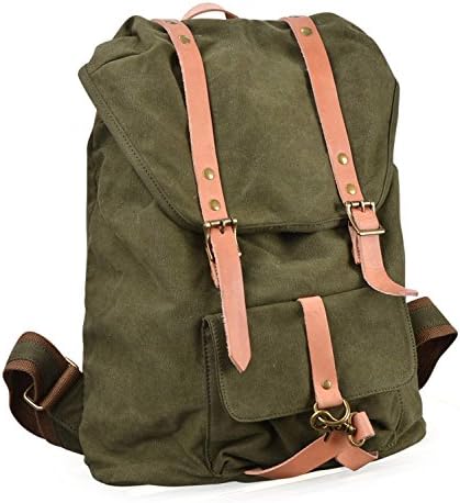 Topso Vintage Canvas Backpack Leather Trim Rucksack Green