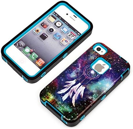 Meaci® Cellphone Case for Iphone 4 4s Combo Hybrid Case Hard Pc and Soft Silicon Rubber Bumper Protective Case with Dreamcatcher and Galaxy Pattern (dreamcatcher skyblue)