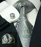Landisun 161 Dark Gray Paisleys Mens Silk Tie Set: Tie+Hanky+Cufflinks Exclusive