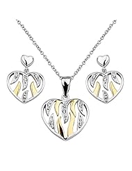 .925 Sterling Silver CZ Hearts on Fire Hanging Earrings and Matching Pendant-Necklace Set with 1.2mm Cable Rolo Chain - 16"+1" Inches Extension