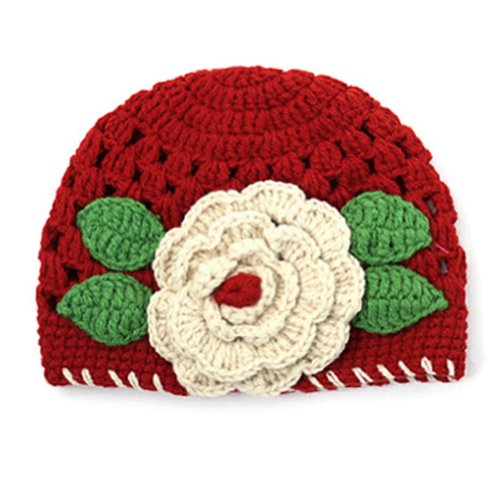 PanDaDa Baby Girls Knitted Hat Crochet Cute Red Flowers Beanie Winter Cap 1-2T
