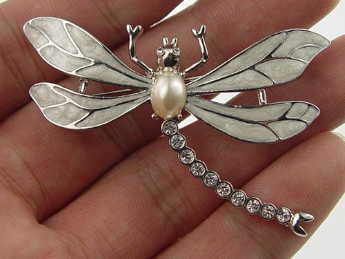 Enamel Wing Czech Rhinestone Pearl Dragonfly Pin Brooch