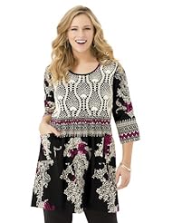 Ulla Popken Plus Size Beautifully Bordered Crochet Yoke Knit Tunic - Multi, 28/30