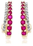 14k Yellow Gold Diamond and Ruby J Hoop Earrings