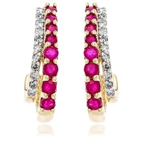 14k Yellow Gold Diamond and Ruby J Hoop Earrings by Ruby Birthstones