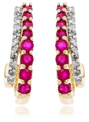 14k Yellow Gold Diamond and Ruby J Hoop Earrings