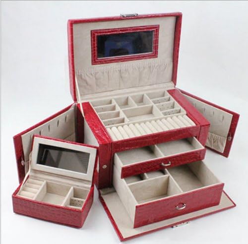 Luxury and Elegant Alligator Pattern Jewelry Box, High Quality Pu Leather Jewelry Case/ Storage / Organizer with Travel Case and Lock, Red