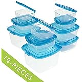 Mr. Lid 10 Piece Attached Lid Plastic Container, Clear with Blue Lids