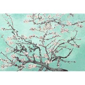 LARGE FLORAL CANVAS ART VAN GOGH BLOSSOM DUCK EGG, GREY AND CREAM ready to hang box canvas 30 x 20 inches