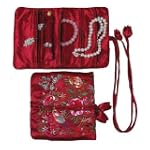 SAVE $7 - Silky Embroidered Brocade Jewelry Travel Organizer Roll Pouch - Garnet Burgundy $15.00