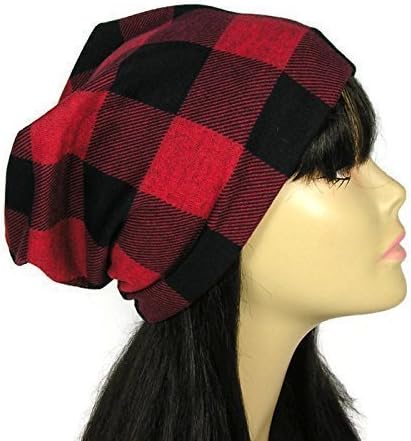 Buffalo Check Flannel Slouchy Hat Unisex Slouch Hats Unisex Beanies Slouch Hats for Men Lumberjack Slouch Hat Black and Red Buffalo Check Hats Custom Sizes and Lining