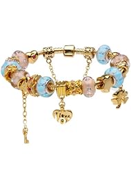Fashion Beautiful European Style Blue Murano Glass Beads Golden I Love YOU Heart Charm Beaded Gold Plated Bracelet Fit for Pandora, Chamilia, Troll, Biagi Jewelry Jewellery for Women Girls