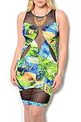Plus Size Sexy Polyester/Spandex Fitted Mesh Tropical Print  Dress