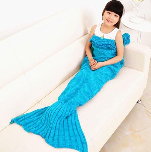 Zmsj-Mermaid Blanket Kids Knitted Sleeping Bag Sofa Falbala Mermaid Tail Bed Throw Blanket in 4 colors,55"x28" (Bright blue)