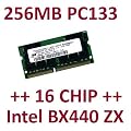 256MB 144 pin SDRAM-PC133 / PC100 SODIMM (133Mhz, 100Mhz) 16Mx8x16 double side (16 Chip Basierung) f�r alle �lteren Intel BX440 ZX440 basierten Notebooks