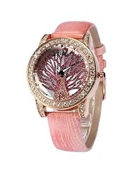 Fashion Lady Women Bling Crystal Peacock Pattern Pink Leather Band Quartz Watch WK1147
