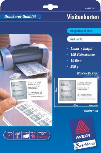 Avery Zweckform, C32011-10, 10 Blatt, Visitenkarten, unbeschichtet, wei�, 200g, Inkjet+Laser+Kopierer-geeignet, schnittglatte Kanten