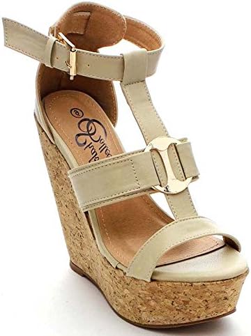 SHAKE COLLECTION BIANCA Women's Cage Ankle Strap T-Strap Platform Wedge Sandals, Color:BEIGE, Size:7