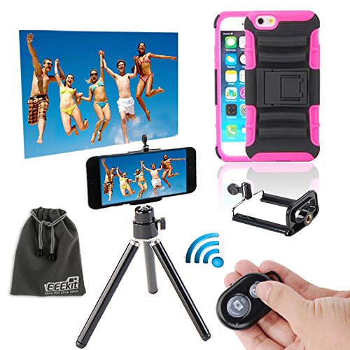 EEEKit 5-in-1 Kit for Apple iPhone 6 4.7" inch,Protective Hybird Bumps Prevent Belt Clip Holster Kick Stand Hard Cover Case + Aluminium Tripod Stand Mount Holder + Adjustable Smartphone Adapter Phone Holder + Wireless Bluetooth Remote Camera Shutter Release Control + EEEKit Accessory Storage Pouch