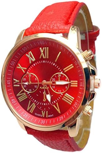 Omita® 2016 Women Multiple Color Large Face Numerals Faux Leather Analog Quartz Wrist Watch (Red)