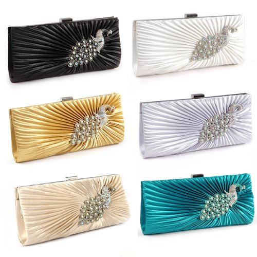 Anladia Women's Satin Pleated Peacock Crystal Evening Clutch Bridal Prom Party Bag