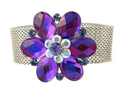Bracelet - B178 - Glass & Crystal - Mesh Style with Adjustable Magnetic Closure - Flower ~ Purple