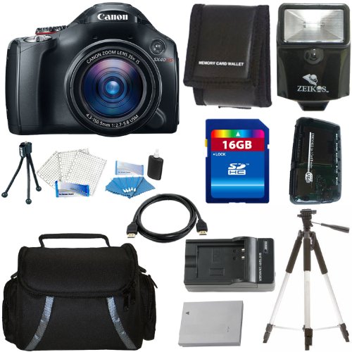 Canon SX40 HS 12.1MP Digital Camera with 35x Wide Angle Optical Image Stabilized Zoom and 2.7-inch Vari-Angle Wide LCD + Canon NB-10L Equivalent Replacement Battery + Charger + Digital Flash + Camera Case + Aluminum Tripod + 16GB Deluxe Accessory Kit