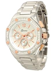Ladies Silver-tone w/ Rose Gold Accent Rhinestone Bracelet Watch