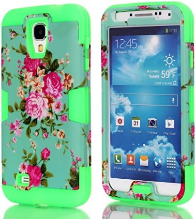 S4 Case,samsung galaxy s4 case,phone cases for samsung galaxy s4,By Ezydigital,2in1 Hybrid High Impact Hard Colorful Spring Flowers Pattern + Sky Silicone Case Cover For Samsung Galaxy S4 i9500 iV in Green Color