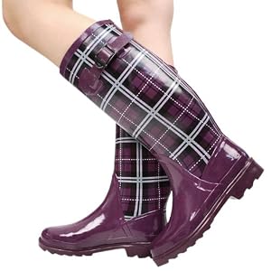 May12 Plaid Knee High Rain Boot PURPLE