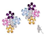 Image of Multi Gemstone Flower Sterling Silver Clip Earrings