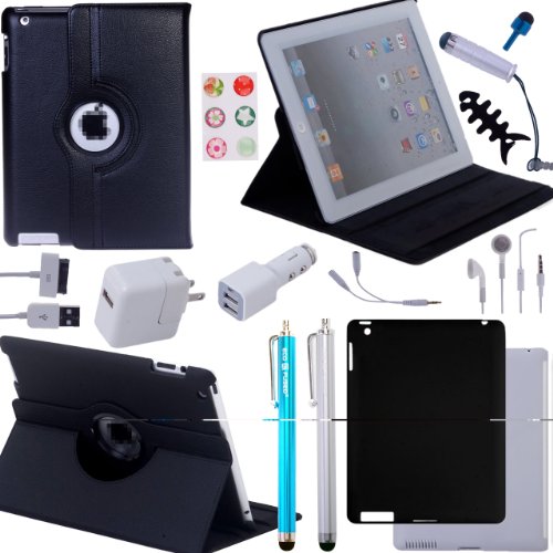 Accessory Bundle for iPad 3 and iPad 2 including Rotating Faux Leather Case / TPU Case / Silicone Case / Earphones / Stylus pens / Chargers / Home Button Stickers / Wire Collector / Screen Protectors / ECO-FUSEDÂ® Microfiber Cleaning Cloth (Black)