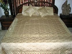 Silk Bedding-silk Sari Indian Bedding Ivory Base Color Bedspread 5 Pc Set Duvet King/queen