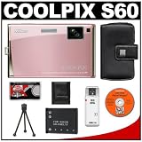 cheap Nikon Coolpix S60 10 Megapixel Digital Camera (Champagne Pink) with 5x Optical Zoom + EN-EL10 Battery + Leather Case + Accessory Kit